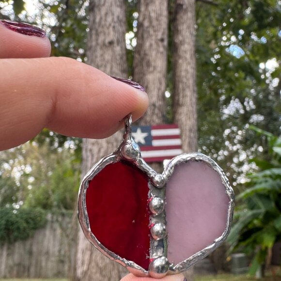 Handcrafted Stained Glass Heart Pendant Caged in Silver-Blend Boho Bezel 1.5” - Picture 2 of 8